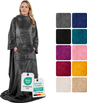 Obrázek produktu pro heimtexland ® Rukávová přikrývka TV plyšová přikrývka s rukávy kapsy nánožník super měkká flanelová nositelná přikrývka celotělová přikrývka typ870 antracitově šedá 200x170 cm