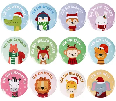 Produktbild von 12 Stücke Adventskalender Buttons Anstecker Kinder Weihnachten Tiere