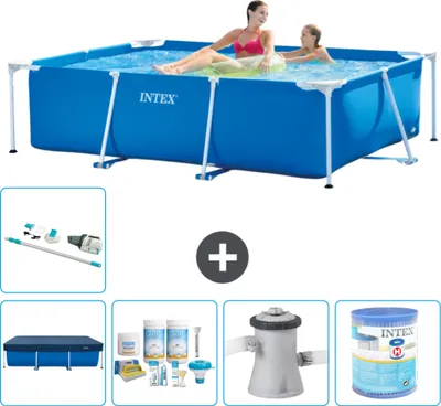 Obrázek produktu pro Bazén Intex s obdélníkovým rámem - 220 x 150 x 60 cm - Modrý - Součástí dodávky je kryt - Balíček na údržbu - Filtrační čerpadlo pro bazén - Filtr - Vysavač