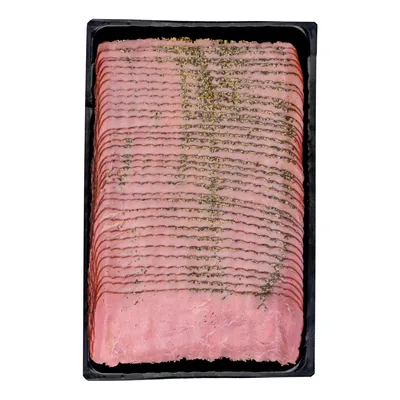 Produktbild von Food-United Rinderschinken geräuchert im Pfeffermantel PASTRAMI 3x 500g und geschnitten in Scheiben mit schwarzen Pfeffer umhüllt perfekt als Snack für zwischendurch oder auch für ein American Barbeque BBQ Pizza Salate