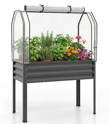 Produktbild von COSTWAY 3 in 1 Hochbeet mit PE-Abdeckung&rollbarer Tür, erhöhtes Gartenbeet aus verzinktem Metall, Gewächshaus, Pflanzbeet 112x55x152 cm Grau