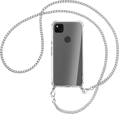 Produktbild von Handykette Backcover-Schutzhülle mit Band (Metall silberfarben) für Google Pixel 4a - silberfarbene Kette