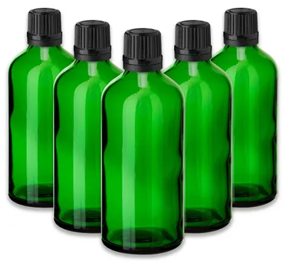 Produktbild von 5x Grüne Glasflasche 100 ml mit schwarzem Tropfer – leere Tropfflasche