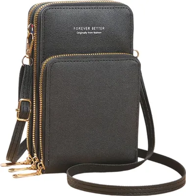 Produktbild von Kleine Umhängetasche Damen Kunstleder Crossbody Schultertasche Handytasche 3 Reißverschlüssen Brieftasche mit Kartenfächern für Handys bis zu 6.5 Zoll,Schwarz