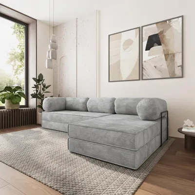 Produktbild von Masseno Ecksofa ETERA mit Metallgestell, Modulares Schlafsofa aus Schaumstoff, Klappbares Bodensofa, Schlaffunktion - Hellgrau, POSO 55