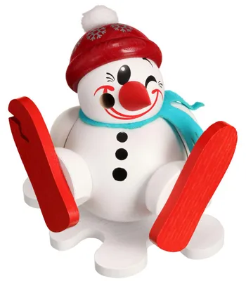 Ein fröhlicher Schneemann mit roter Bommelmütze und blauem Schal sitzt lachend auf einer Schneeflocke während er zwei rote Skier hält von denen einer gebrochen ist