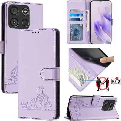 Produktbild von Leder Hülle für itel A60 / A60S Süße Katze Flip Case Brieftasche Schutzhülle mit Standfunktion Lila