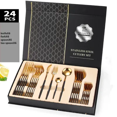 Produktbild von Besteck Set Edelstahl für 6 Personen 24-teiliges Besteckset hochglanzpoliert Spülmaschinenfest Luxury Box, Farben:Schwarz Gold