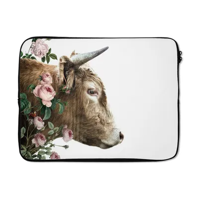 Produktbild von MuchoWow® Laptop Hülle 15 Zoll Schottischer Highlander - Blumen - Rosa - Weiß Laptoptasche - Laptoptasche - Sleeve - Rundum-Schutz