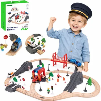 Image de Tooky Toy Train électrique en bois pompiers effets sonores 70 pièces