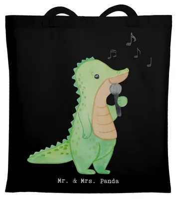 Produktbild von Mr. & Mrs. Panda Shopping Tasche Krokodil Singen - Schwarz - Geschenk, Band, canvas, Gesang, Live Auftritt, Stoffbeutel, Hobbysänger, Tote Bag, Schultasche