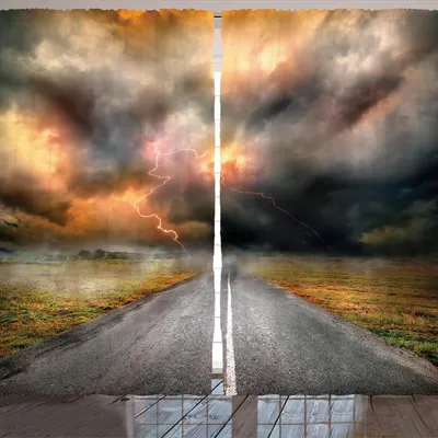 Produktbild von ARANDE Natur Gardine, Sturm Wolken Und Donner Über Landstraße Im Feld Elektrischem Tätigkeits Druck, 280 x 225 cm, Orange Grau