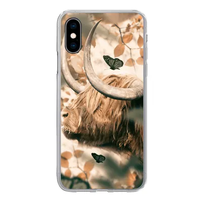 Produktbild von MuchoWow® Handyhülle Schutzhülle Hülle für iPhone X Schottische Highlander - Schmetterlinge - Blätter Silikon Softcase Handy Hülle - Handyhülle