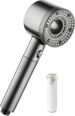 A modern gray shower head and a white filter cartridge are displayed against a white background.