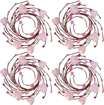 Productafbeelding van 4x Valentijnskaarsringen Hart en Bessen Roze Decoratie - Kleine Kransen voor Tafel en Deur