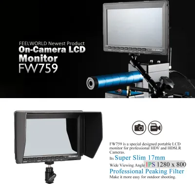 A split image showing a professional product shot of an on-camera monitor in the top half and a product shot with descriptive text in the bottom half.