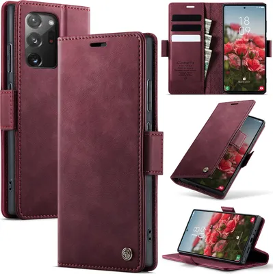 Obrázek produktu pro Kožené pouzdro pro Samsung Galaxy Note 20 Ultra, RFID ochranou, magnetickým zavíráním, přihrádkami na karty a funkcí stojánku Červený