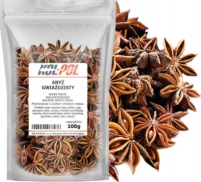 Zdjęcie produktu dla ANYŻ GWIAZDKI 100g Gwiaździsty cały aromatyczny do herbaty jakość Kol-Pol