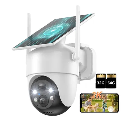 Image de Tout en 1 Caméra de surveillance extérieure Batterie solaire 2K Caméra sans fil Surveillance extérieure avec détecteur de mouvement Vision nocturne couleur Détection IA avec 32G & 64G