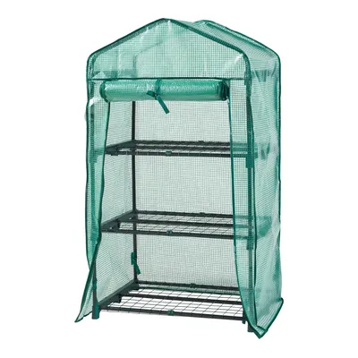 A green greenhouse with three shelves against a white background.