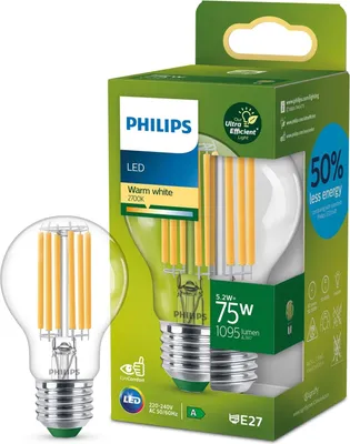 A Philips LED light bulb and its packaging are shown.