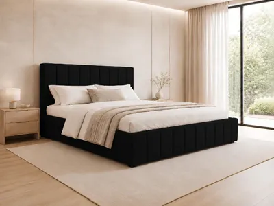 Produktbild von MOEBLO Polsterbett Bett 01 – Doppelbett mit Kopfstütze, Rahmenbettgestell, Bettkasten, Lattenrost und gepolstertem Kopfteil - 180x200 - Black (TRINITY 16)
