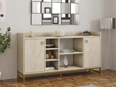 Image de Skye Decor, Vuslat - Travertine, console, travertin, panneaux de particules 100 % mélaminés, 160 x 85 x 40 cm