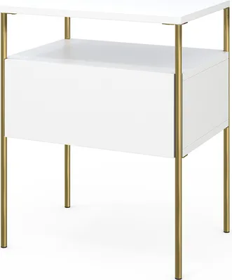 A white nightstand with gold legs against a white background.