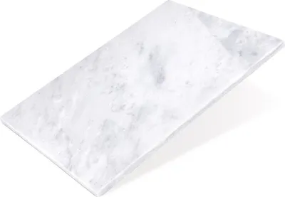 A rectangular cutting board made of gray and white marbled stone is shown at an angle on a white background.