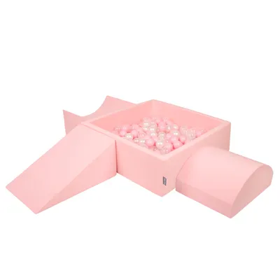 Obrázok produktu pre KiddyMoon Mäkké penové ihrisko pre deti s Štvorec loptičkovým ihriskom (300 ∅ 7 cm) s mäkkými prekážkami a loptičkovým bazénom,  vyrobené v EÚ, Ružová: Púdrovo ružová/Perla/Transparentné,