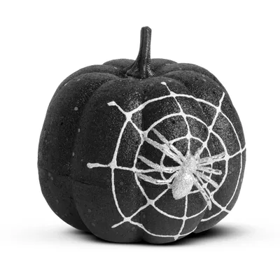 Zdjęcie produktu dla Dekoracja dyni na Halloween - czarny brokat - z pajęczyną - 15 cm
