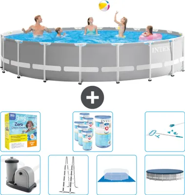 Produktbild von Intex Round Prism Frame Swimming Pool – 610 x 132 cm – Grau – inklusive Pumpe – Leiter – Bodenplane – Abdeckung Wartungspaket - Filter - Reinigungskit