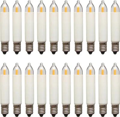 A product shot of multiple LED filament candle bulbs arranged in two rows against a white background.