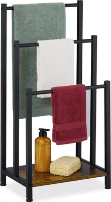 Produktbild von Relaxdays Handtuchständer, Ablage, 3 Stangen, HBT: 80 x 40 x 28 cm, Industrial, stehender Handtuchhalter, braun/schwarz