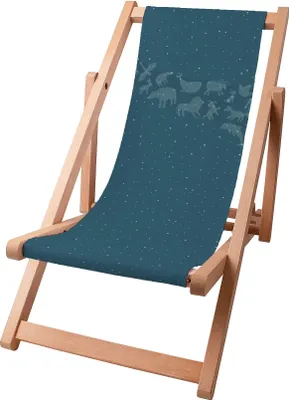 A wooden deck chair with a blue fabric seat featuring a pattern of white stars and animal silhouettes.