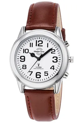 A close-up studio shot of a men's watch with a white face and a brown leather strap.