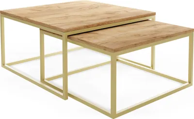Produktbild von Rechteckige Quadratische Satztische Couchtische mit Gold Gestell - Loft Style Couchtische Metallbeine - 2 in 1 - Zwei Industrielle Getrennte Tische für Wohnzimmer - Craft Eiche