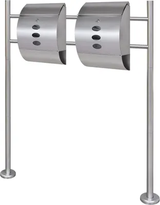 Two metal trash receptacles on a stand.