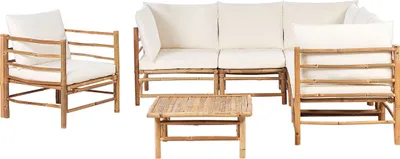 Produktbild von BELIANI Lounge Set 3-Teilig Hellbraun u. Cremeweiß Bambusholz 5-Sitzer Ecksofa mit Sessel Couchtisch 15 Kissen Garten Terrasse Outdoor Ausstattung