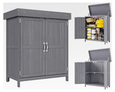 Produktbild von Gartenschrank aus Tannenholz, wetterfester Geräteschuppen 74x43x88cm, Gerätehaus mit Doppeltür und 2 Fächern, Gartenschrank für Garten und Terrasse, Dunkelgrau