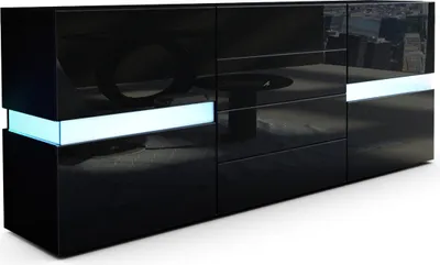 Produktbild von Vladon Sideboard Flow,  Germany, Schwarz matt/Schwarz Hochglanz inkl. LED - Moderne Kommode mit Ambient Light Verglasung für Ihr Wohnbereich (177 x 75 x 39 cm)