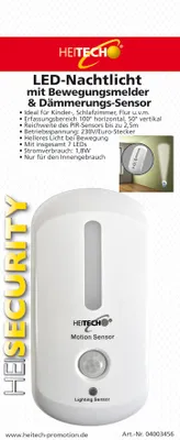 A product advertisement for a HEITECH LED night light with motion and twilight sensors.