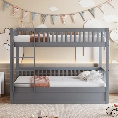 Immagine prodotto di Letto a castello per bambini 90 x 200 cm in legno massiccio con sistema di contenimento idraulico, scala e spondina di protezione, grigio