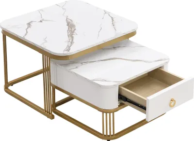 Produktbild von Fortuna Lai 2er-Set Couchtische mit Marmor-Optik, glänzend, Schubladen, Metallbeine, weiß