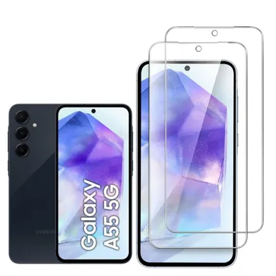 A dark blue Samsung Galaxy A55 5G phone is shown next to two clear screen protectors, all on a white background.