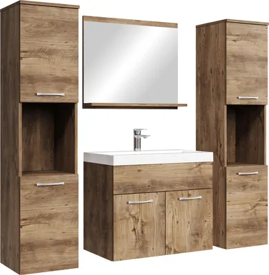 Produktbild von Badplaats Badmöbel Komplettset Montreal XL 60 x 35 cm Braun Eiche - Badezimmermöbel mit Waschbecken, Spiegel und 2 Badezimmerschränke