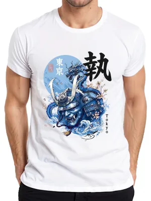 Productafbeelding van Tokyo Samurai Draak, Japanse kunst, Sakura, Japan, Y2K, Kabuto, heren T-shirt, wit, maat M