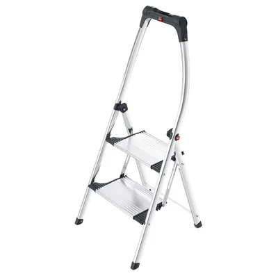 Produktbild von Hailo K100 Topline Alu-Klapptritt-Leiter - 2 extra große Stufen bis 150kg - Komfort-Trittleiter mit hochgeschwungenem Sicherheitsbügel & Ablageschale - Füße mit Soft-Grip-Sohle - rostfrei - Silber