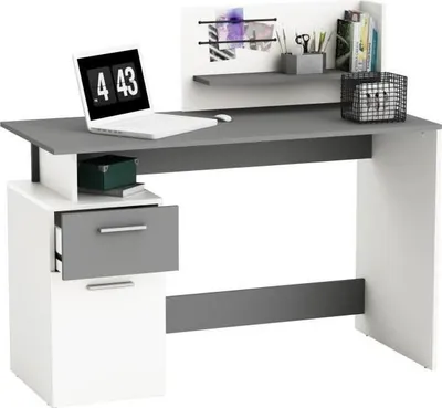 Image de Bureau Droit PLATON, 121,5 x 109,7 x 55,1 cm, Blanc et Gris, 1 Porte 1 Tiroir, Contemporain