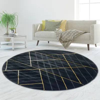 Immagine prodotto di Tappeto moderno con motivo geometrico in nero e oro - Dimensioni: 200 cm (rotondo)